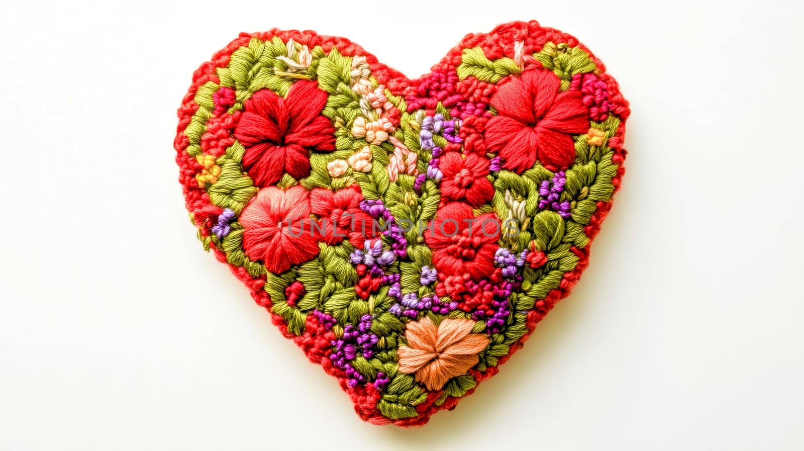 Red embroidered heart filled with small colorful flowers and green leaves, representing love, passion, and handmade craftsmanship, lying on a white background