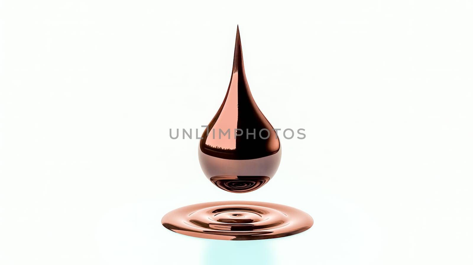 Computer generated image showcases a metallic, copper colored oil drop dripping onto a surface, creating concentric ripples, against a minimalist white backdrop