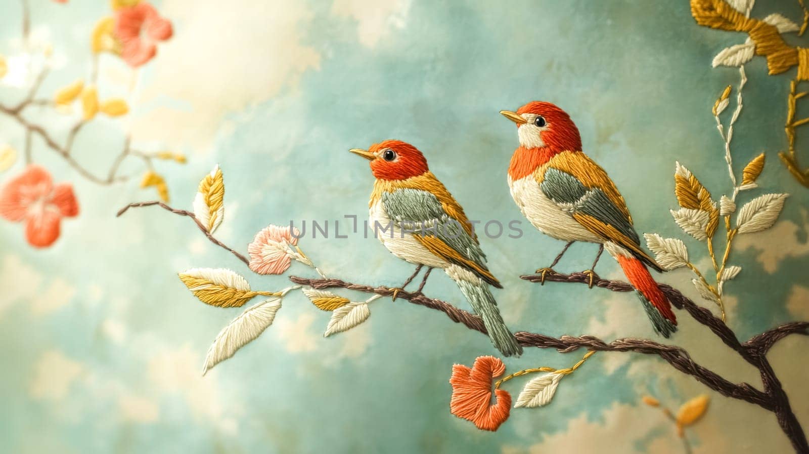 Colorful embroidered birds are perched on a branch adorned with delicate leaves and flowers, showcasing the artistry of needlework against a serene sky blue background