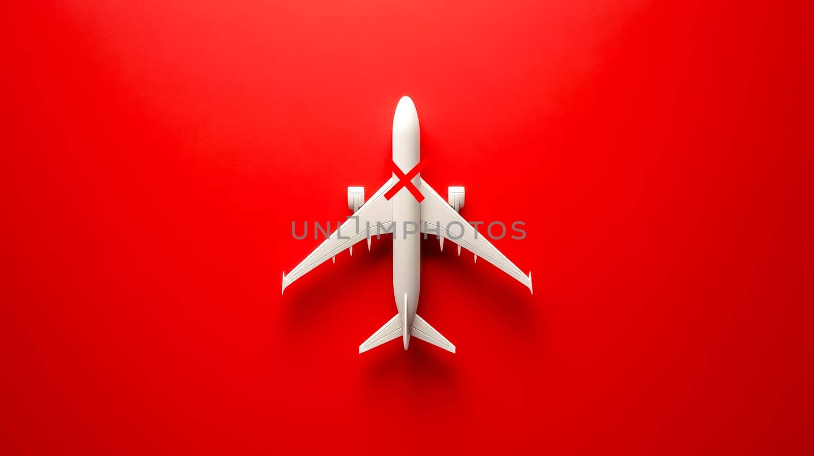 White model airplane with red cross symbolizing canceled flight placed on red background representing travel restrictions and disruptions in air travel industry