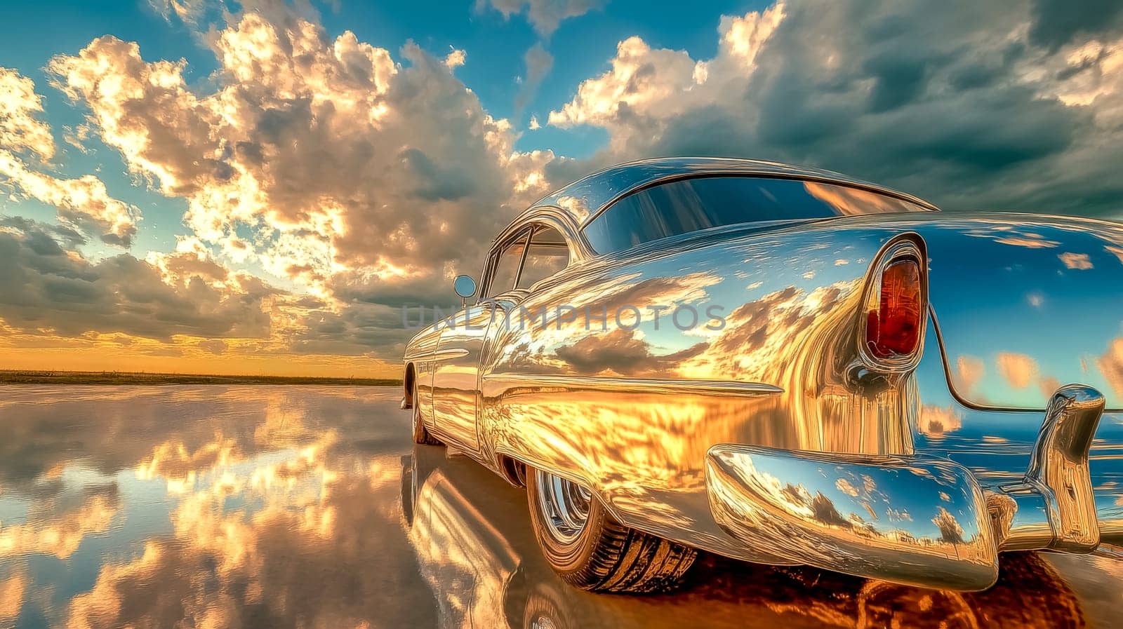 Polished chrome vintage car parked on wet asphalt reflects the vibrant colors of a dramatic sunset sky, creating a stunning visual spectacle