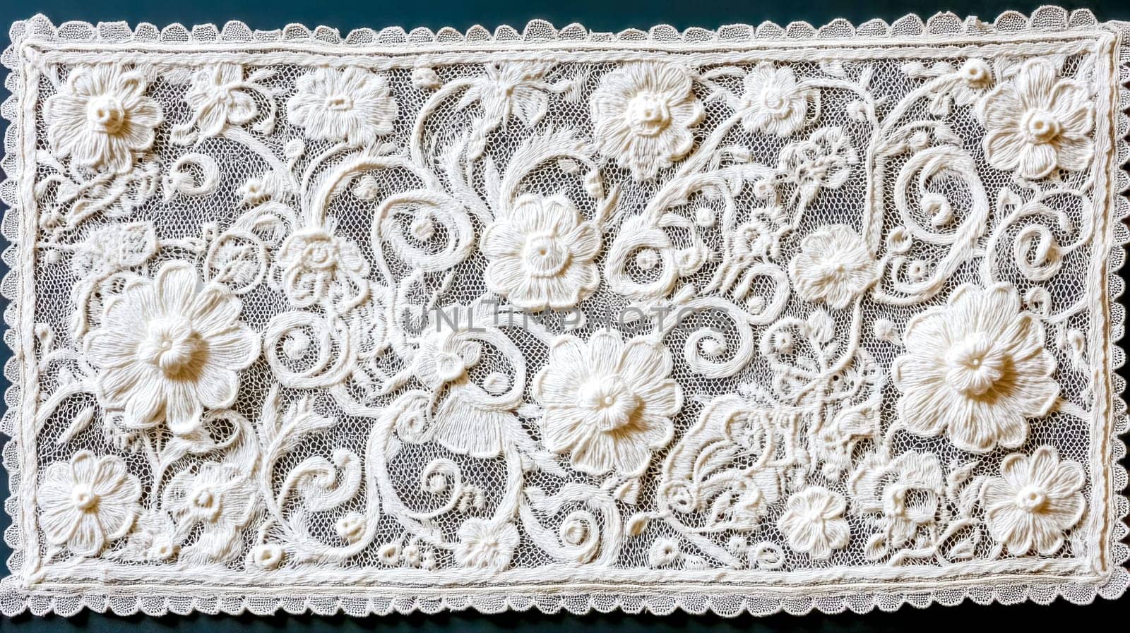 White lace embroidery featuring intricate flowers and swirls creates a delicate design against a dark background, highlighting traditional craftsmanship in textile art
