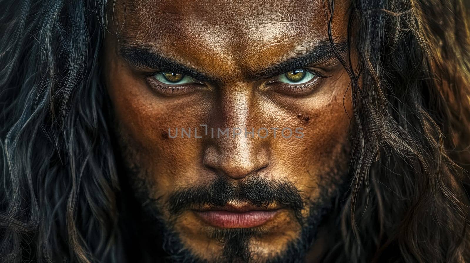 Close up portrait of a polynesian warrior king exuding power and determination, with lion like features and a subtle mane framing his face, creating a captivating and intense image