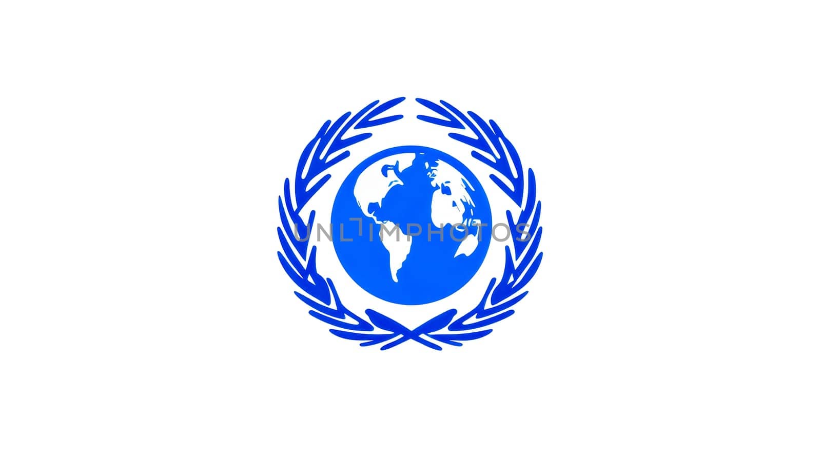 Stylized blue globe encircled by a laurel wreath, representing international cooperation, peace, and global unity on a clean white background