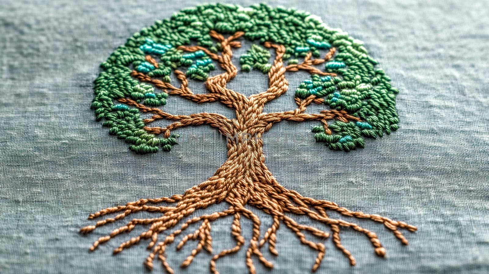 Close up of intricately embroidered tree of life design featuring detailed roots and branches stitched in green and brown on textured linen, symbolizing nature and growth