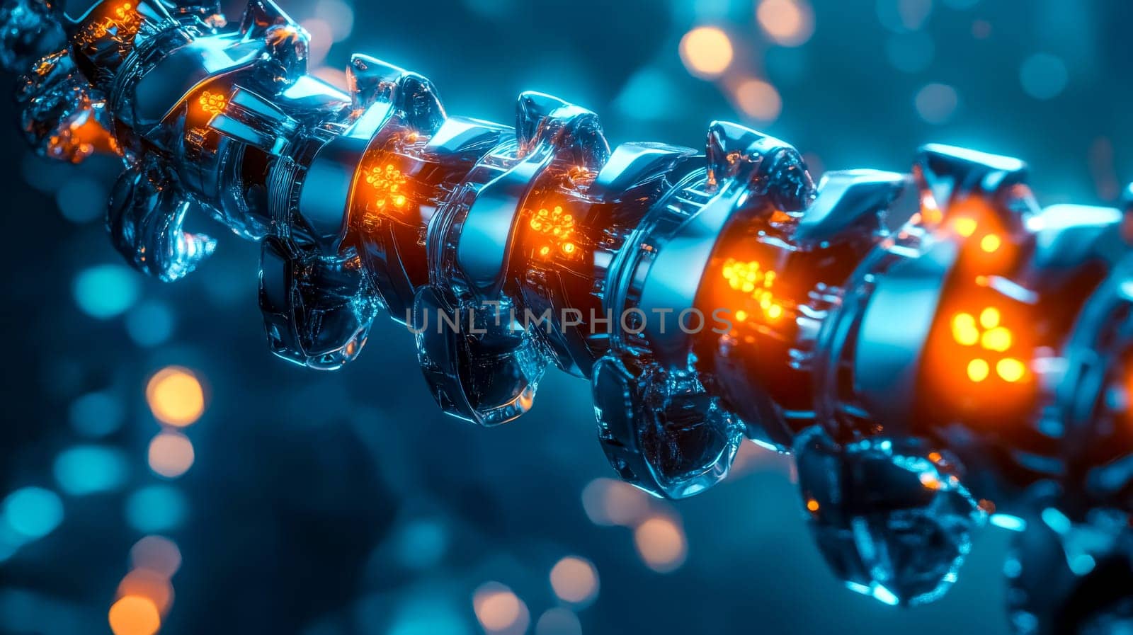 Futuristic robotic spinal implant glowing with orange lights, showcasing advanced medical technology and futuristic prosthetics in a dark blue environment with orange bokeh