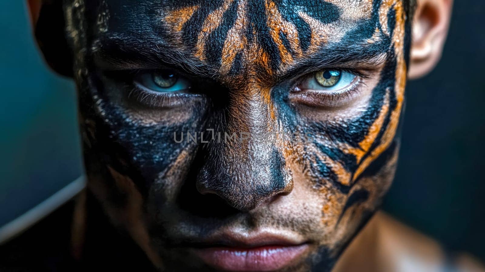 Close up portrait of a serious male model with dramatic tiger face paint, conveying a sense of power, dominance, and primal energy against a dark background