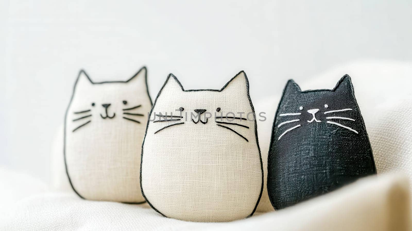 Three handmade cats featuring embroidered faces and simple lines resting on white, textured fabric, creating a cozy and charming minimalist scene perfect for any home decor