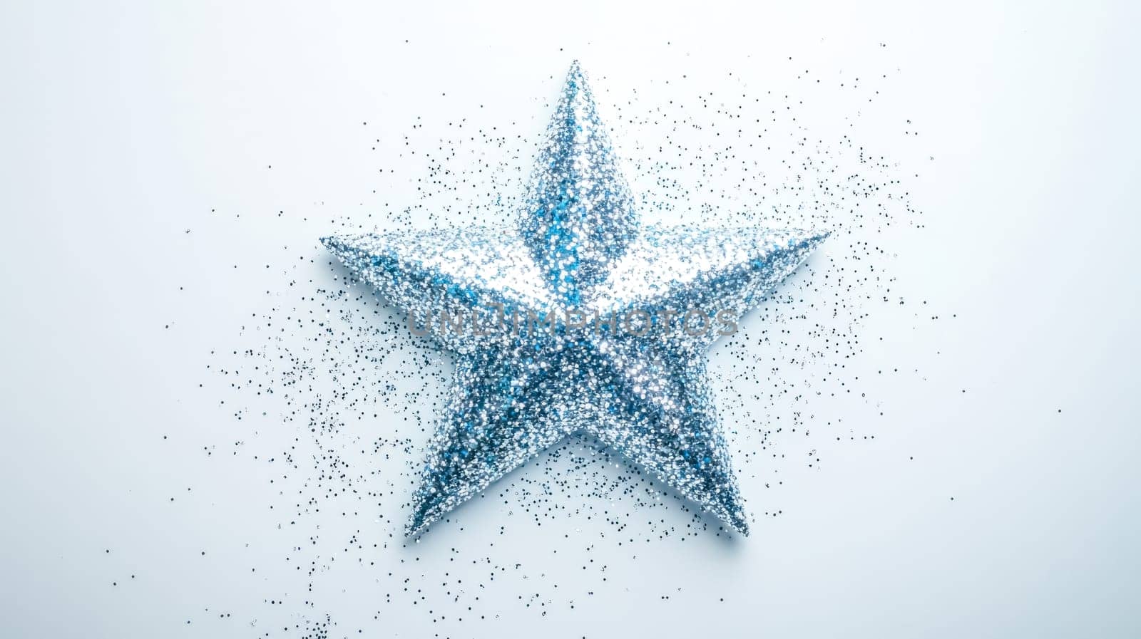 Large, sparkling blue star ornament lies on a white background, surrounded by scattered glitter, creating a festive and celebratory atmosphere