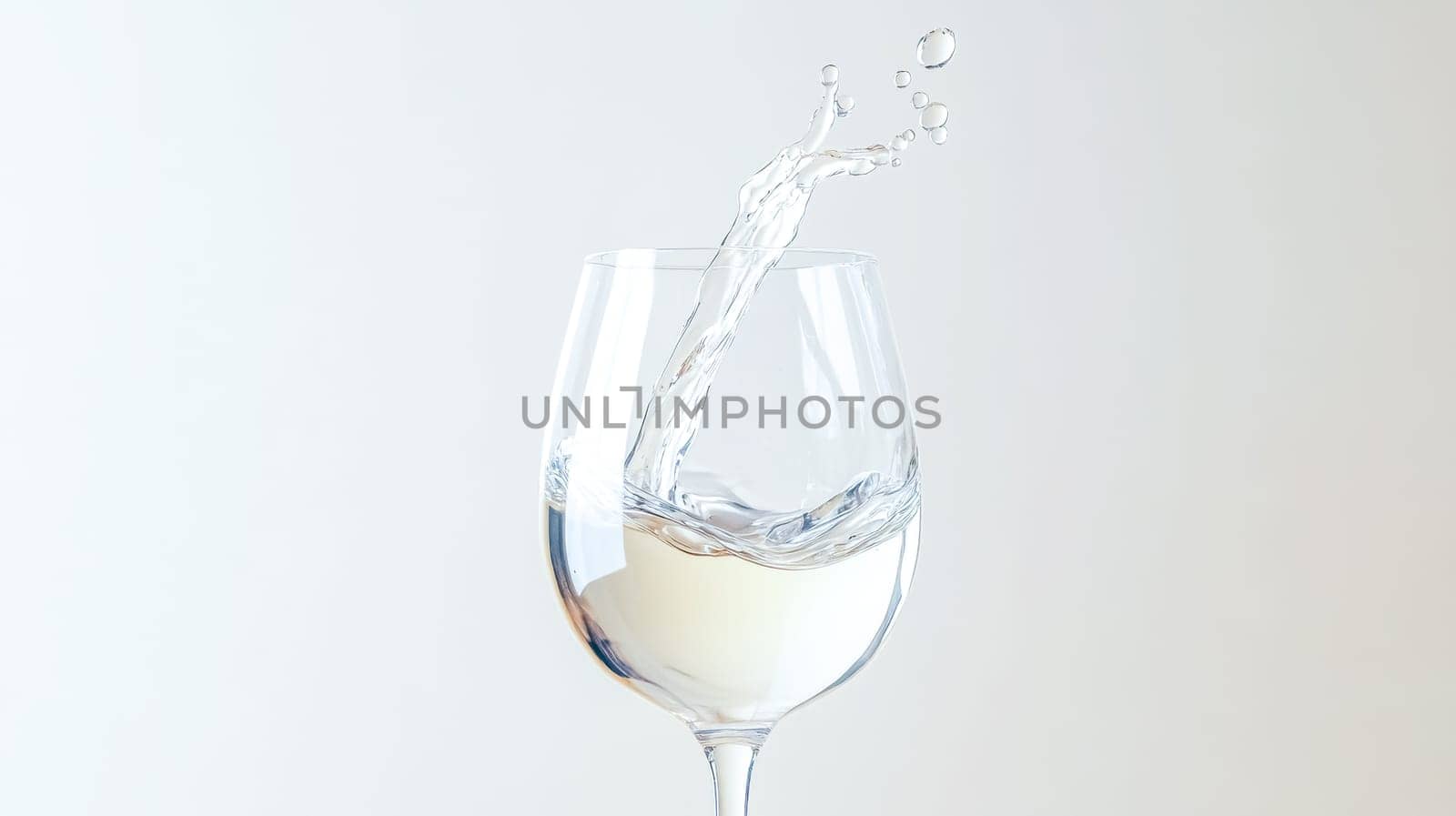 Wineglass being filled with white wine, splashing upwards and creating droplets, against a white background, representing celebration, refreshment, and the enjoyment of fine beverages