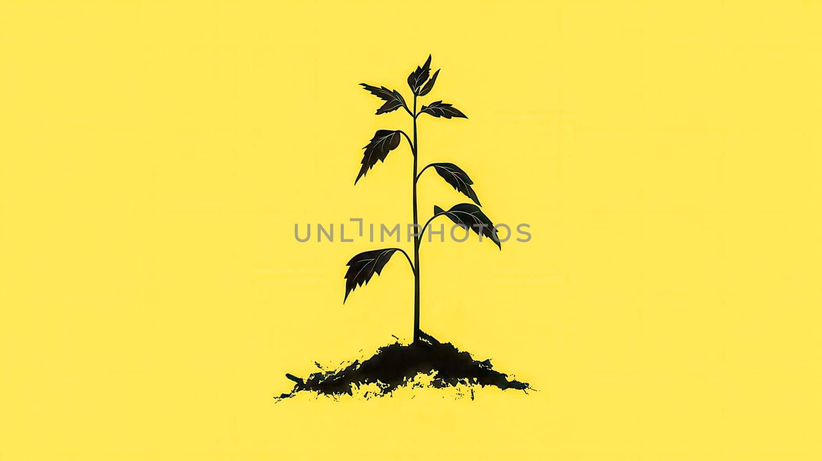 Minimalist illustration representing a wilting plant on a vibrant yellow background, symbolizing environmental challenges such as drought, climate change, and deforestation