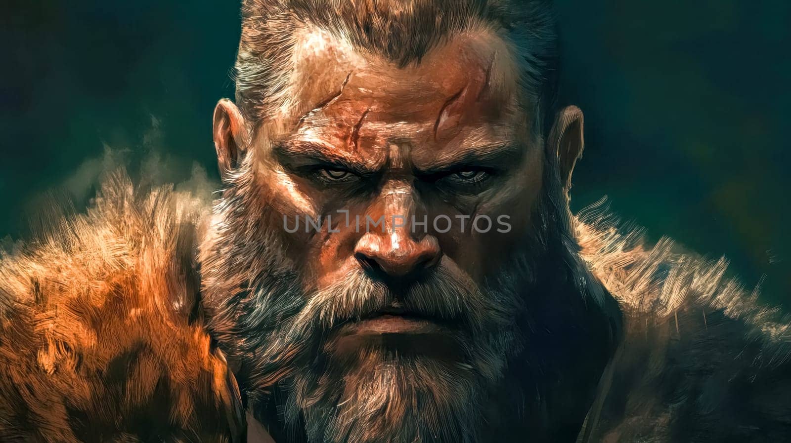 Digital painting of a strong viking warrior with thick hair and broad shoulders, wearing fur and ready for battle, with a determined expression