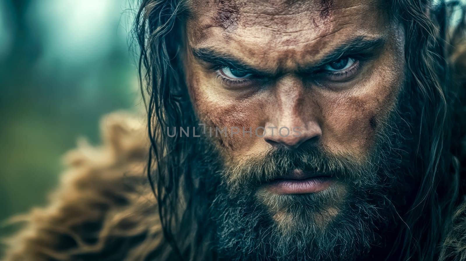 Close up portrait of a fierce warrior with long hair and beard, wearing furs, his face marked with dirt and scars, conveying a sense of power, resilience, and primal intensity