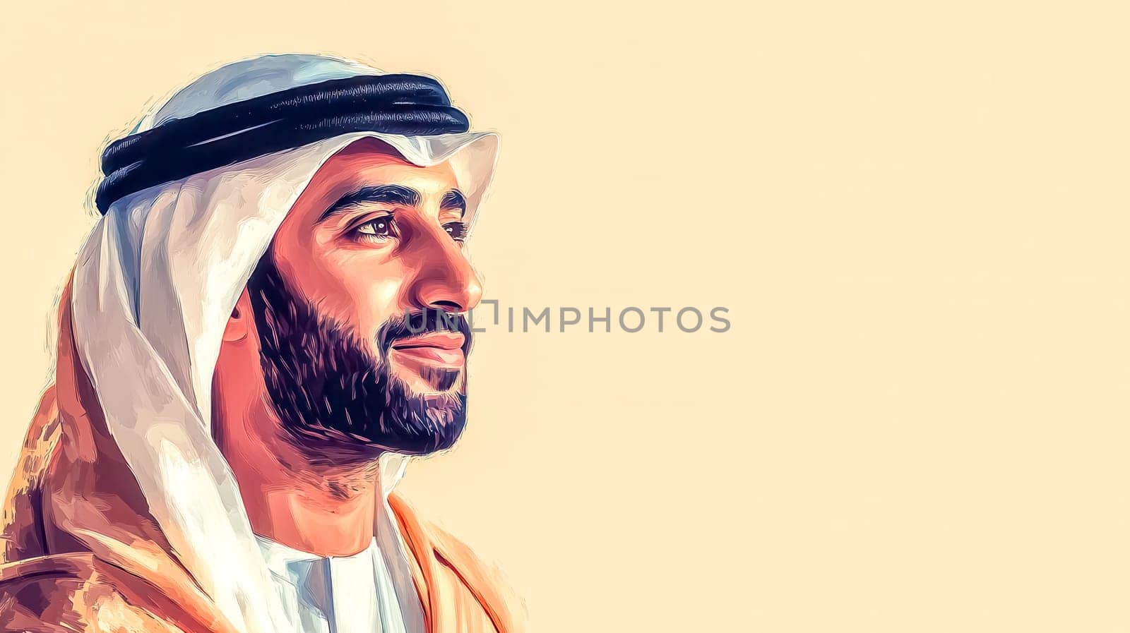 Stylized portrait of sheikh mohammed bin zayed al nahyan, president of the united arab emirates, wearing traditional emirati clothing, conveying leadership, vision, and hope
