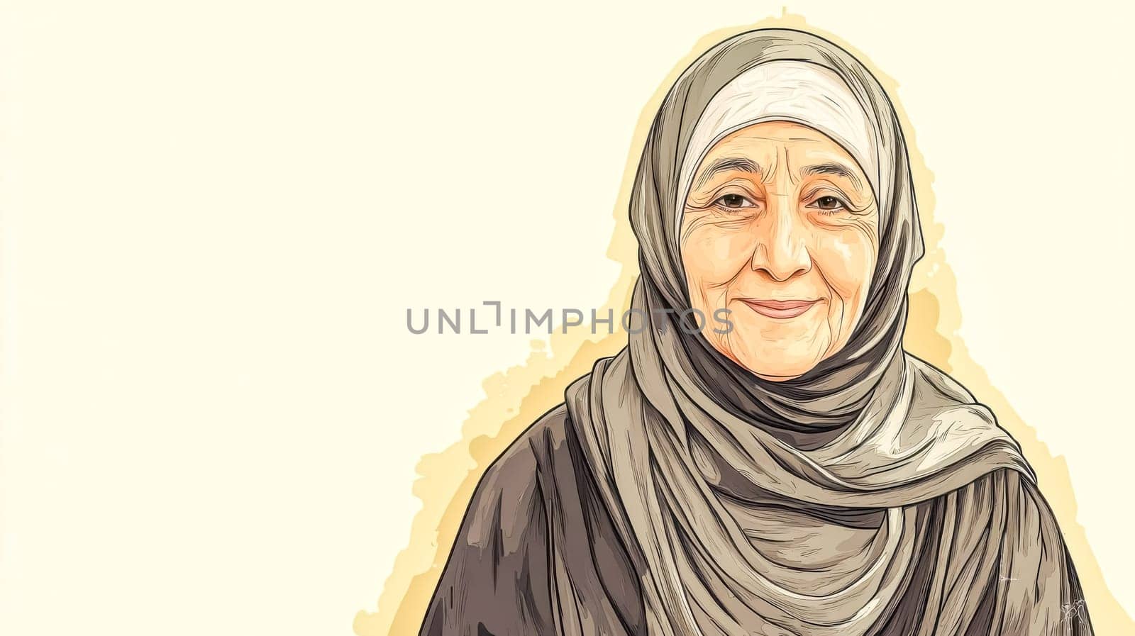Colorful portrait of a smiling senior muslim woman wearing a hijab, showcasing her grace, wisdom, and cultural heritage in a simple yet elegant composition