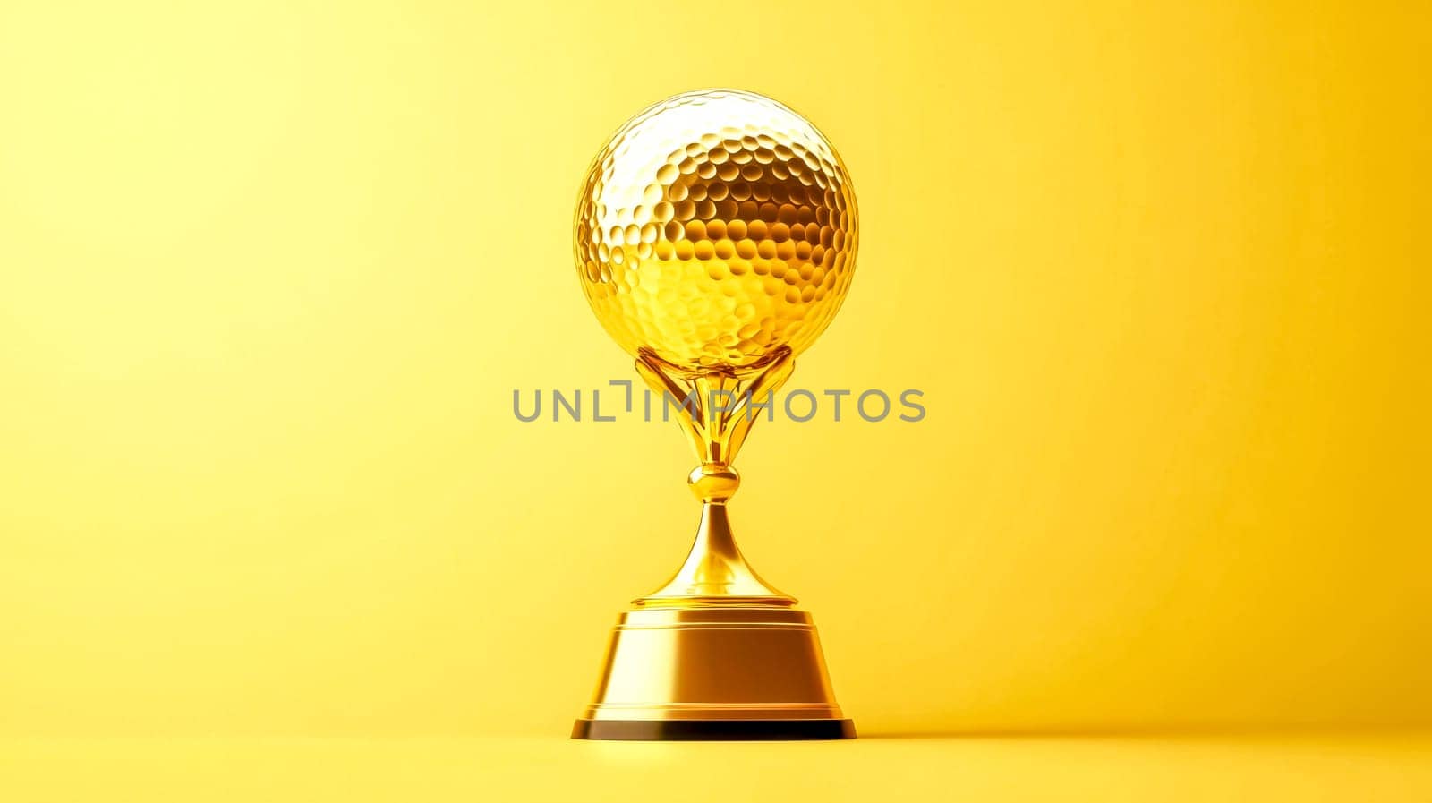 Golf trophy made of gold standing on a yellow background, celebrating the victory and success in a golf tournament, with copy space on the right