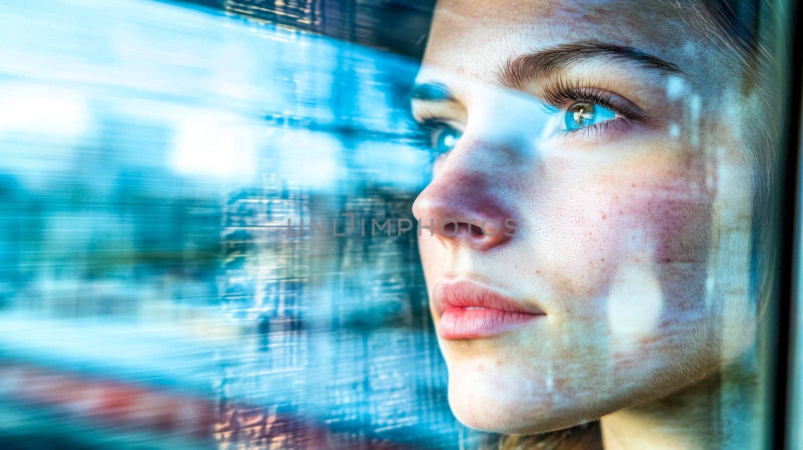 Pensive young woman looking out of train window at blurry cityscape, her face partially reflected in the glass, creating a sense of contemplation and journey