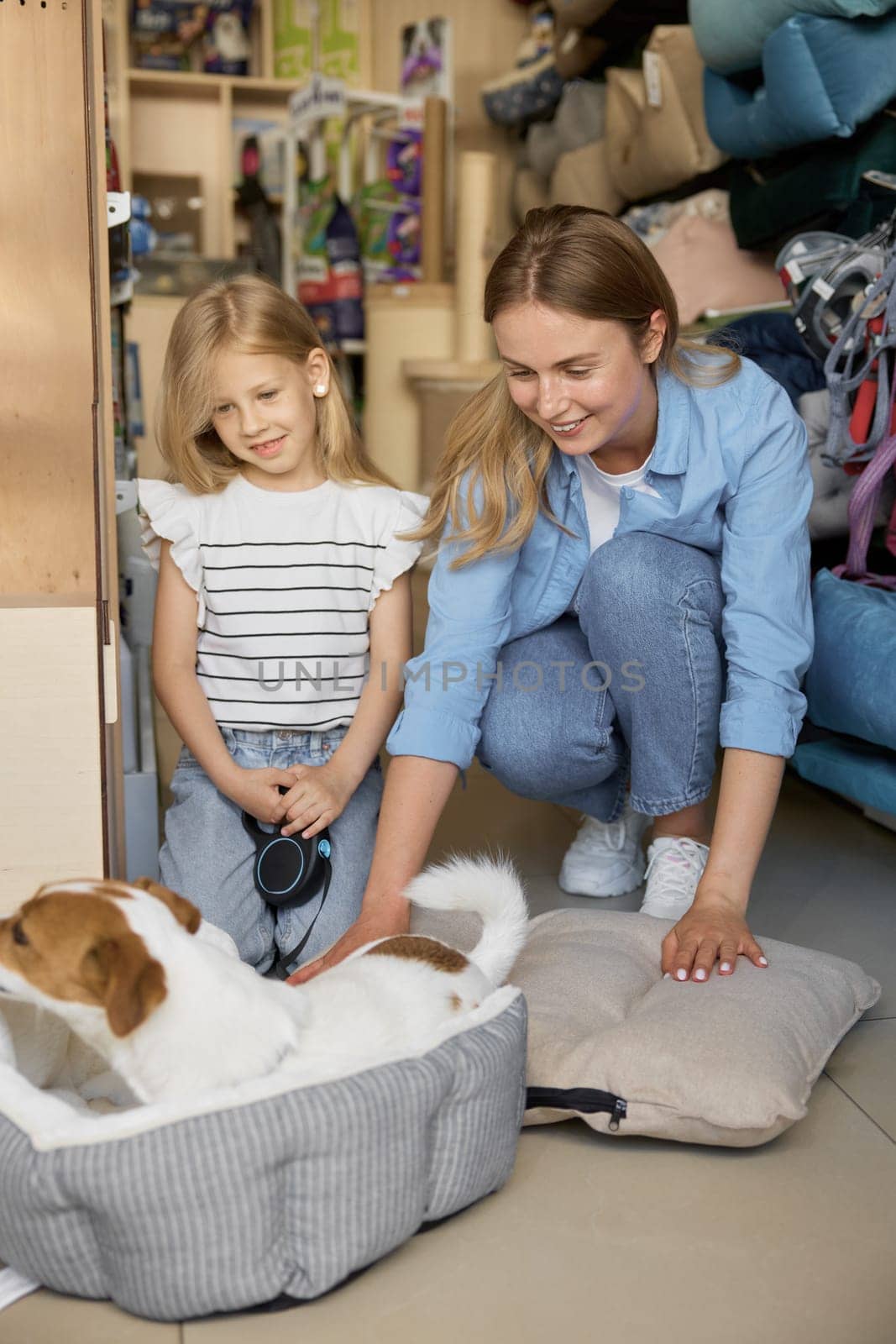 Happy mother and little daughter watching how adorable dog testing new sleeping bed at pet store