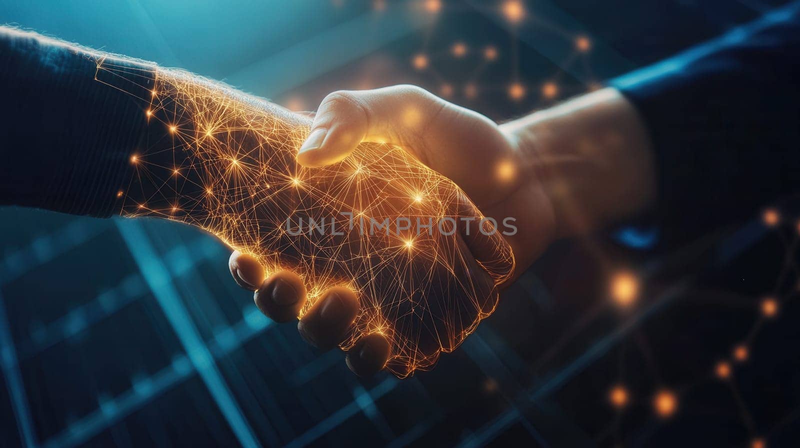 Two businessmen shaking hands with a futuristic digital network connection, symbolizing a renewable energy agreement