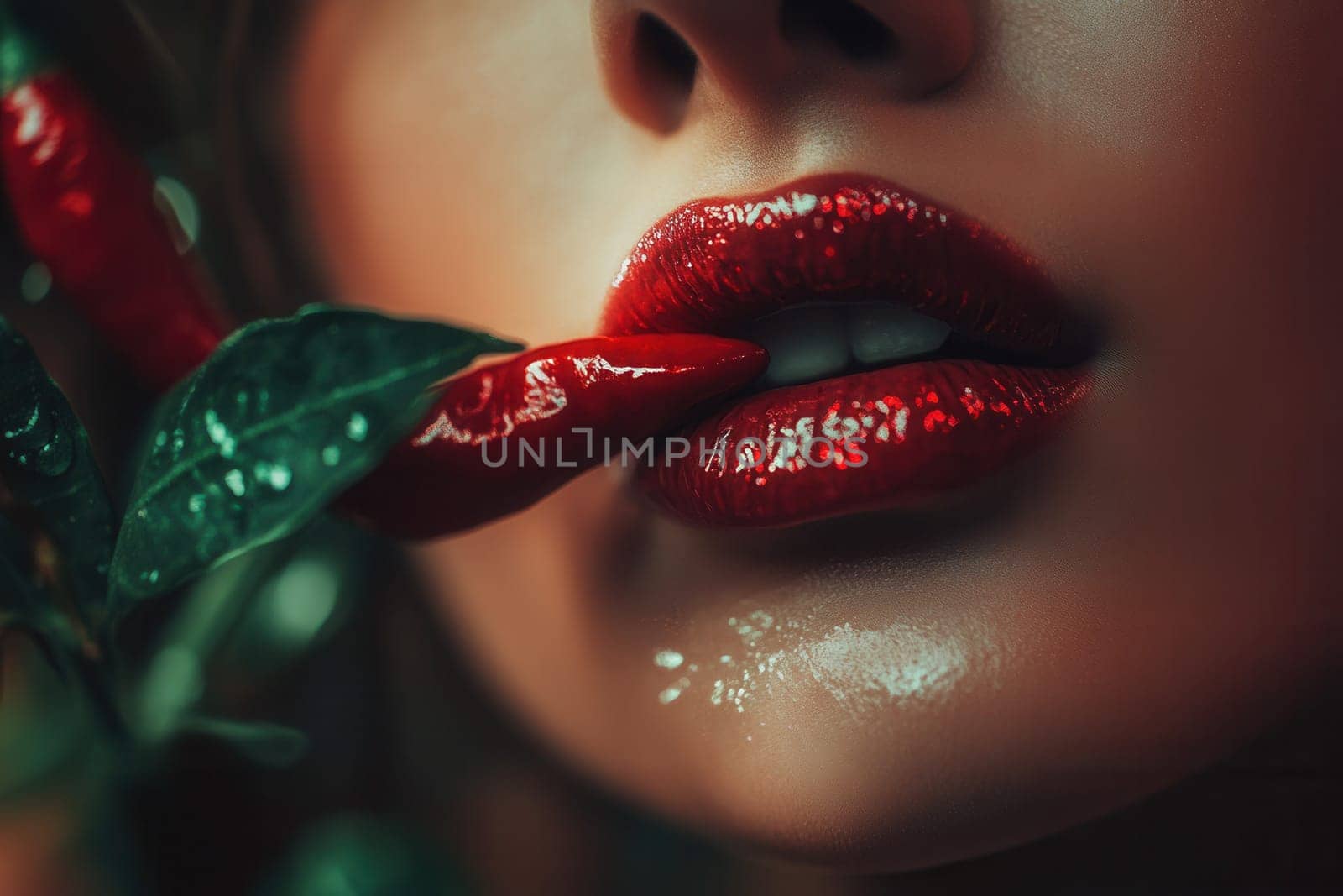 Close up of sensual red lips holding a fresh chili pepper