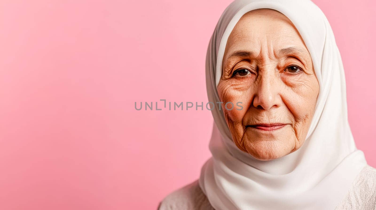 Close up portrait of an elderly muslim woman in a white hijab, showcasing her wrinkles and wisdom against a vibrant pink backdrop, highlighting her serene expression