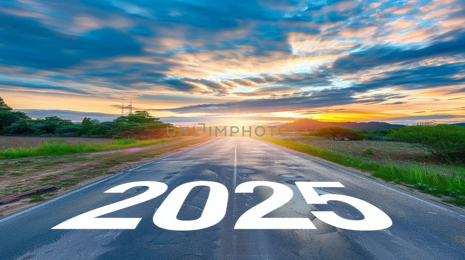 The year 2025 is painted on a rural road, glowing under a dramatic sunrise. The sky, streaked with clouds, holds the promise of new opportunities as the sun emerges on the horizon