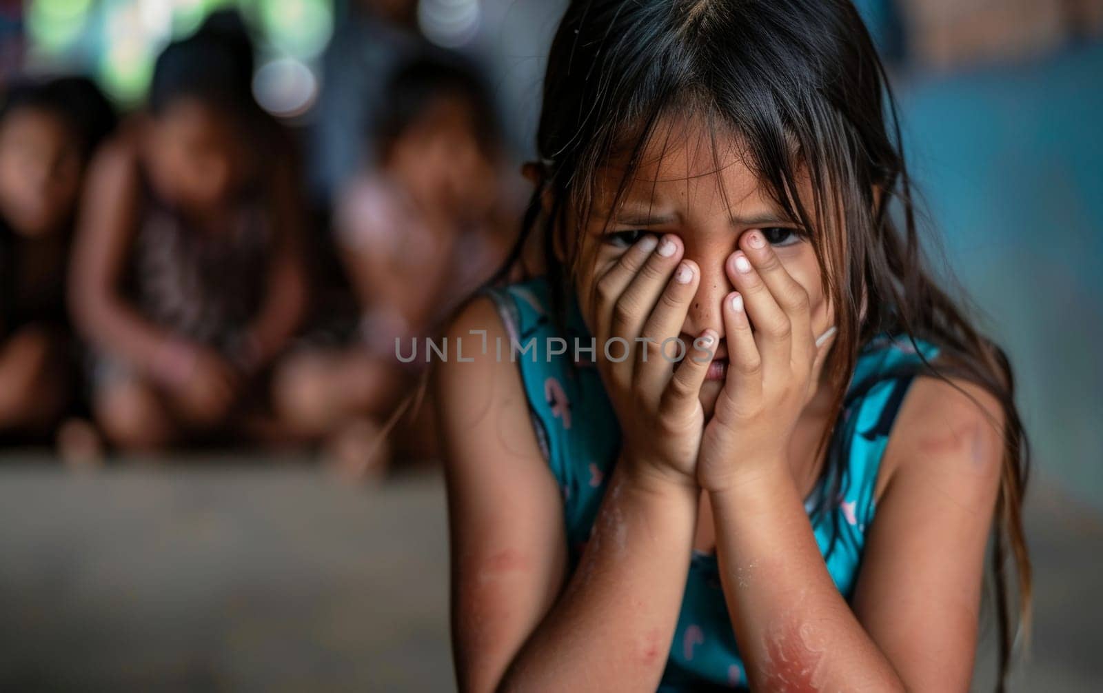 A young girl covers her face, eyes peeking through fingers in a moment of fear or shyness, with blurred figures in the background