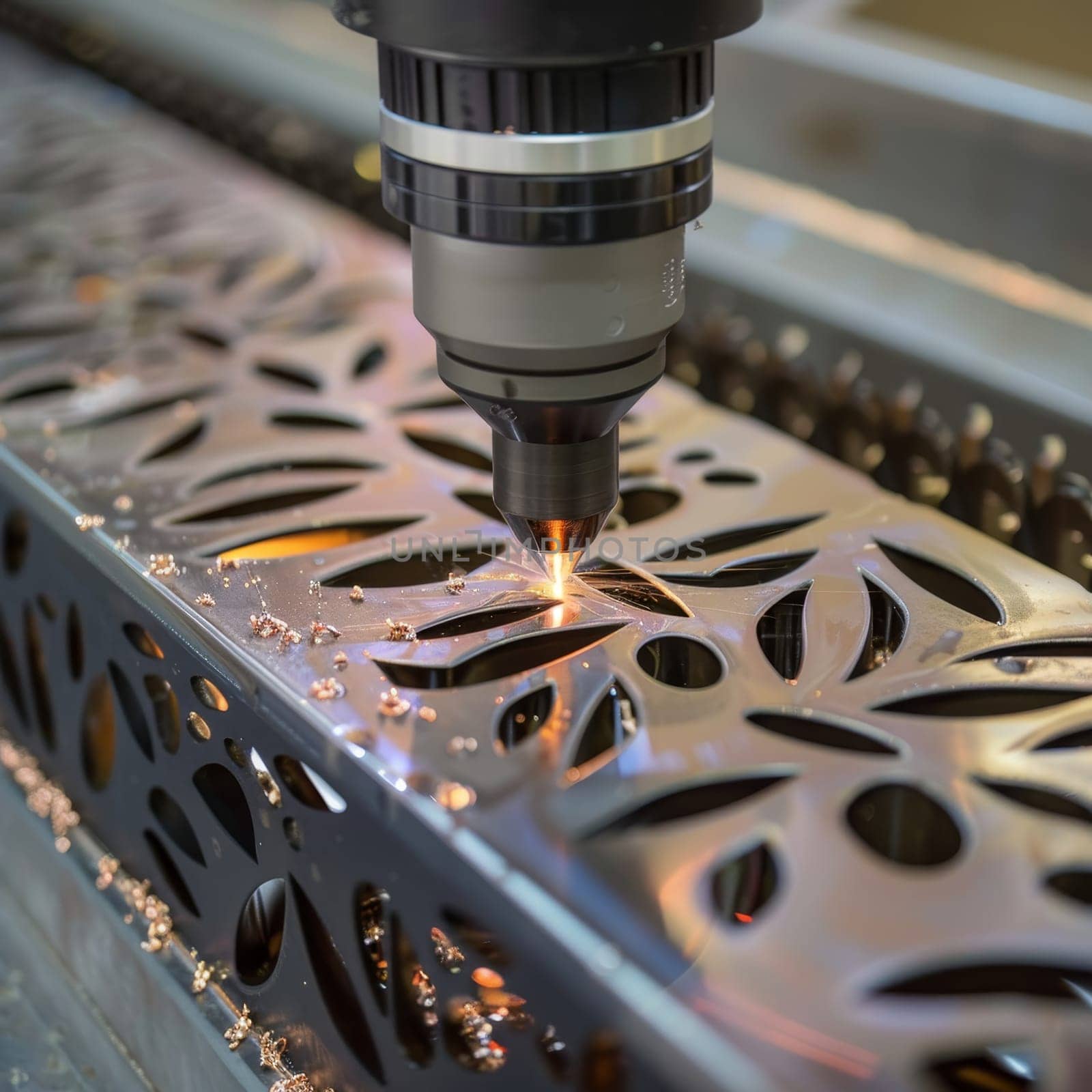 A close-up view of a laser engraving machine etching detailed designs into a metal surface