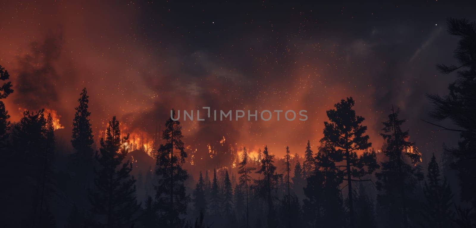 A mystical image of a forest under the spell of a raging fire, with a smoky night sky telling a tale of natural force and beauty