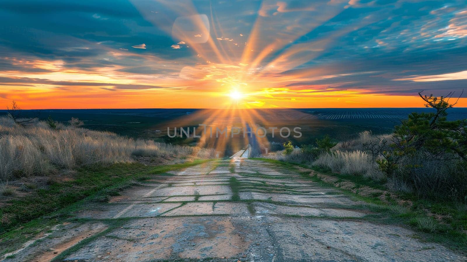 The first light of dawn illuminates a rugged country path, leading through undulating hills toward the awakening horizon. The sky tapestry of colors offers a silent yet powerful inspiration