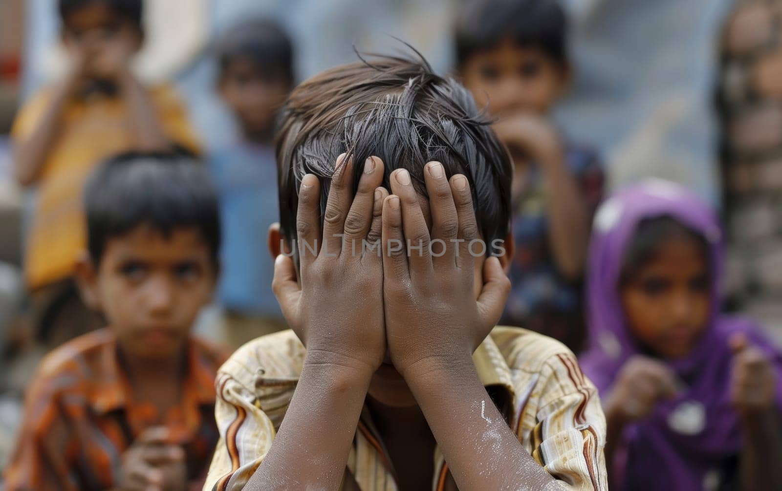 A child covers his face with his hands, surrounded by other children in a vibrant street scene. The game of hide and seek brings joy and unity among friends