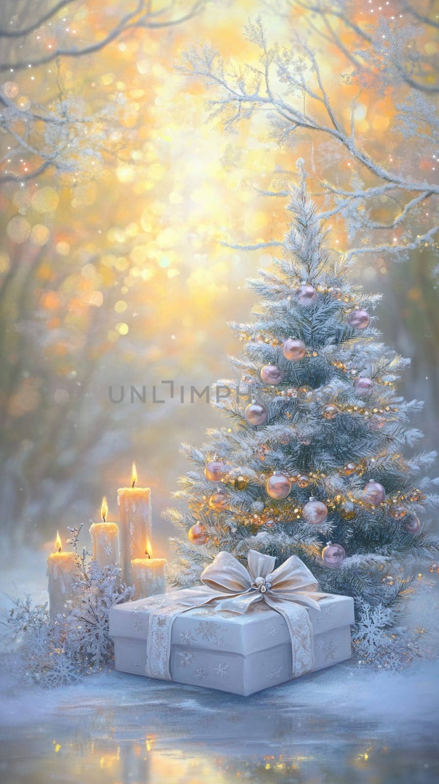 Decorated christmas tree with gift box and candles creating a magical winter wonderland atmosphere