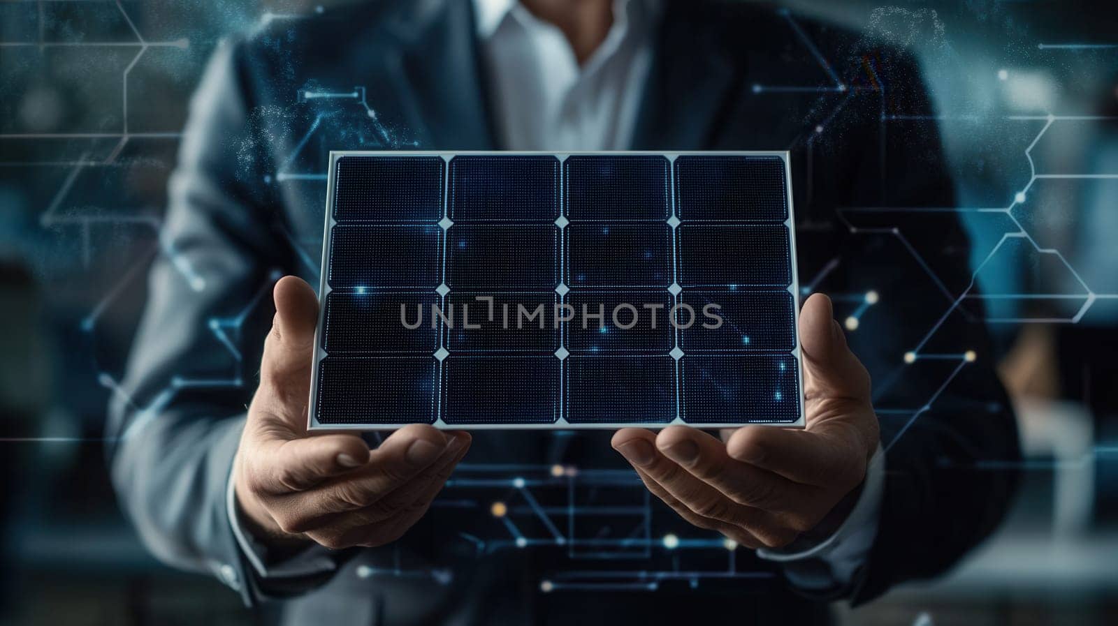 Businessman presenting a solar panel, symbolizing investment in renewable energy, sustainable development, and green technology for a brighter future