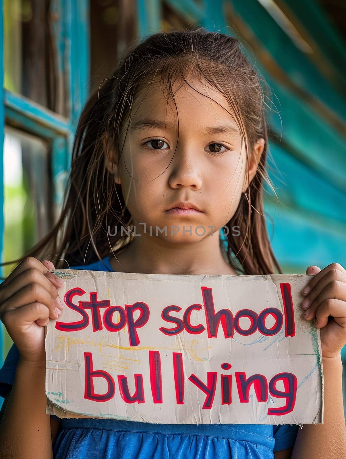 A child with a contemplative gaze holds a 'Stop school bullying' sign, her call for kindness resonates in her school's hallway