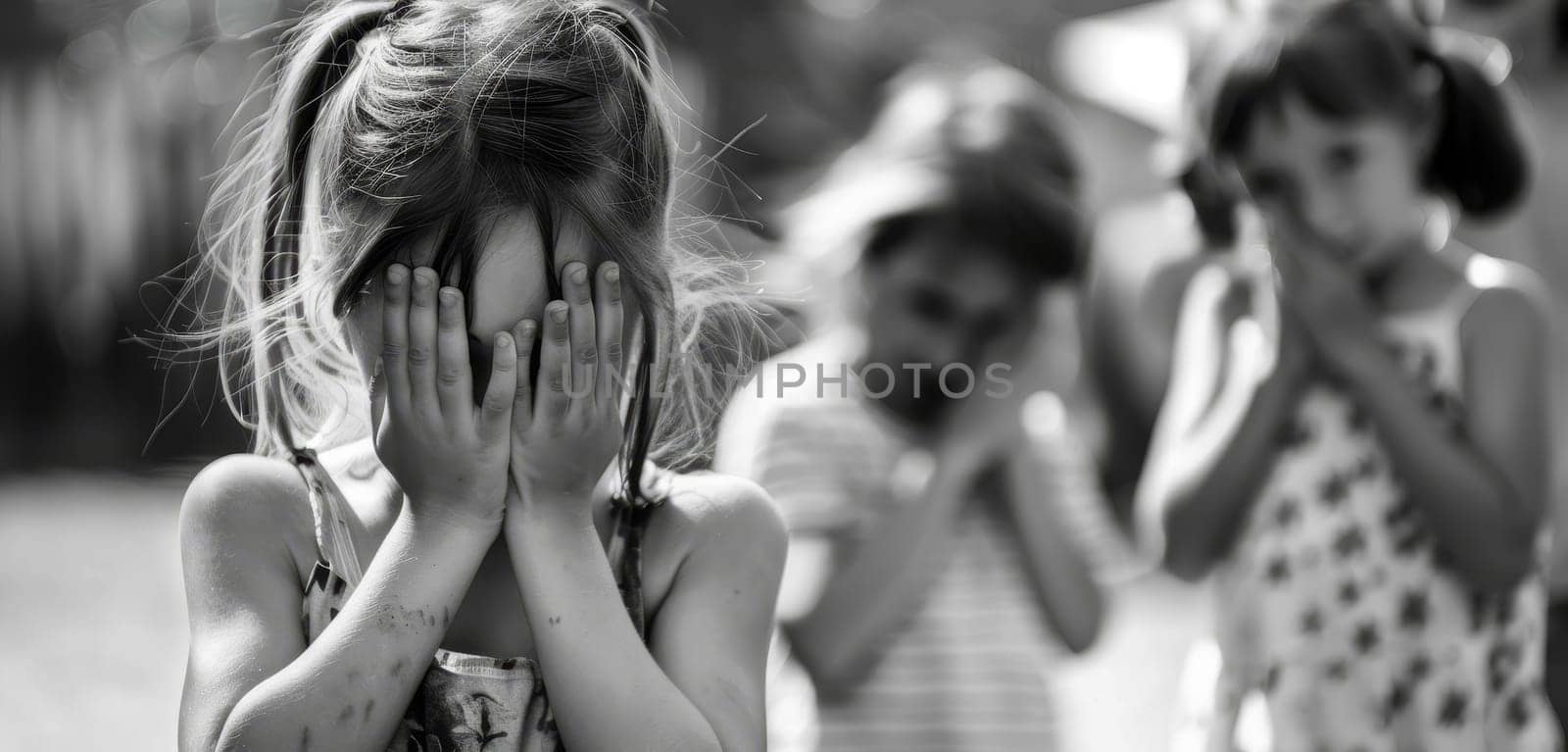A black and white image of a young girl covering her face, isolated even in the midst of other children, evokes a poignant sense of loneliness