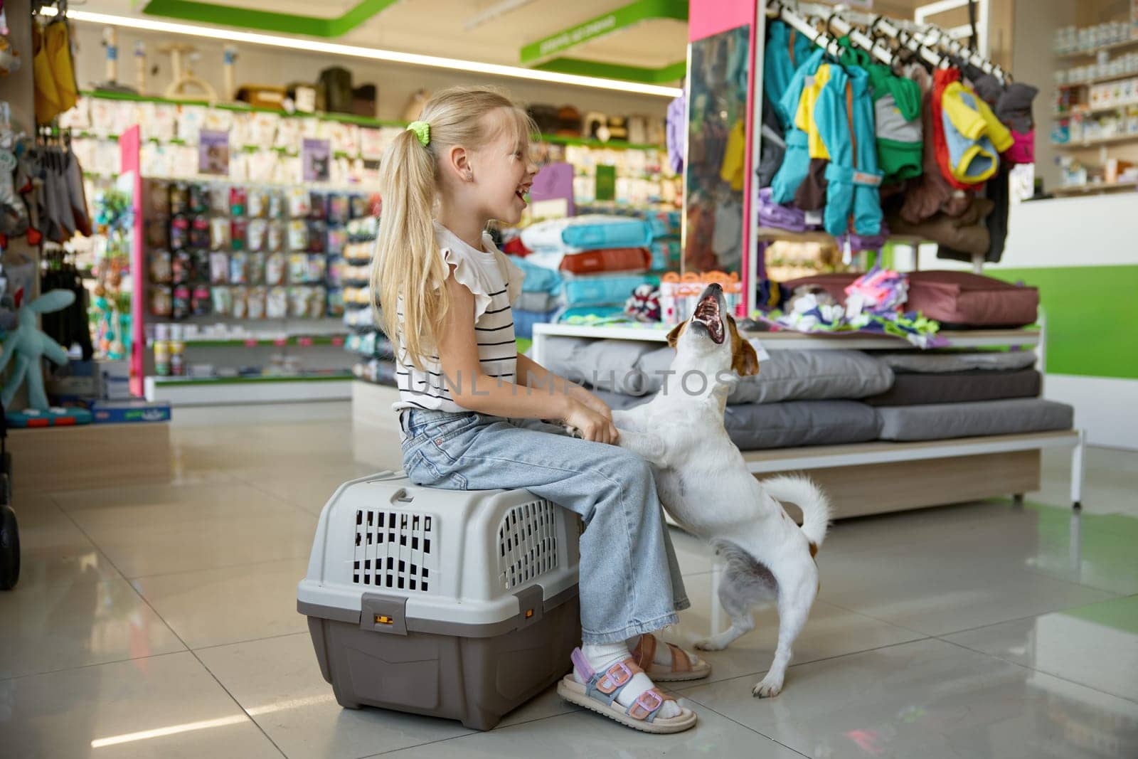 Little girl with dog posing for camera sitting on plastic transportation carriage at pet shop. Shopping activity enjoyment