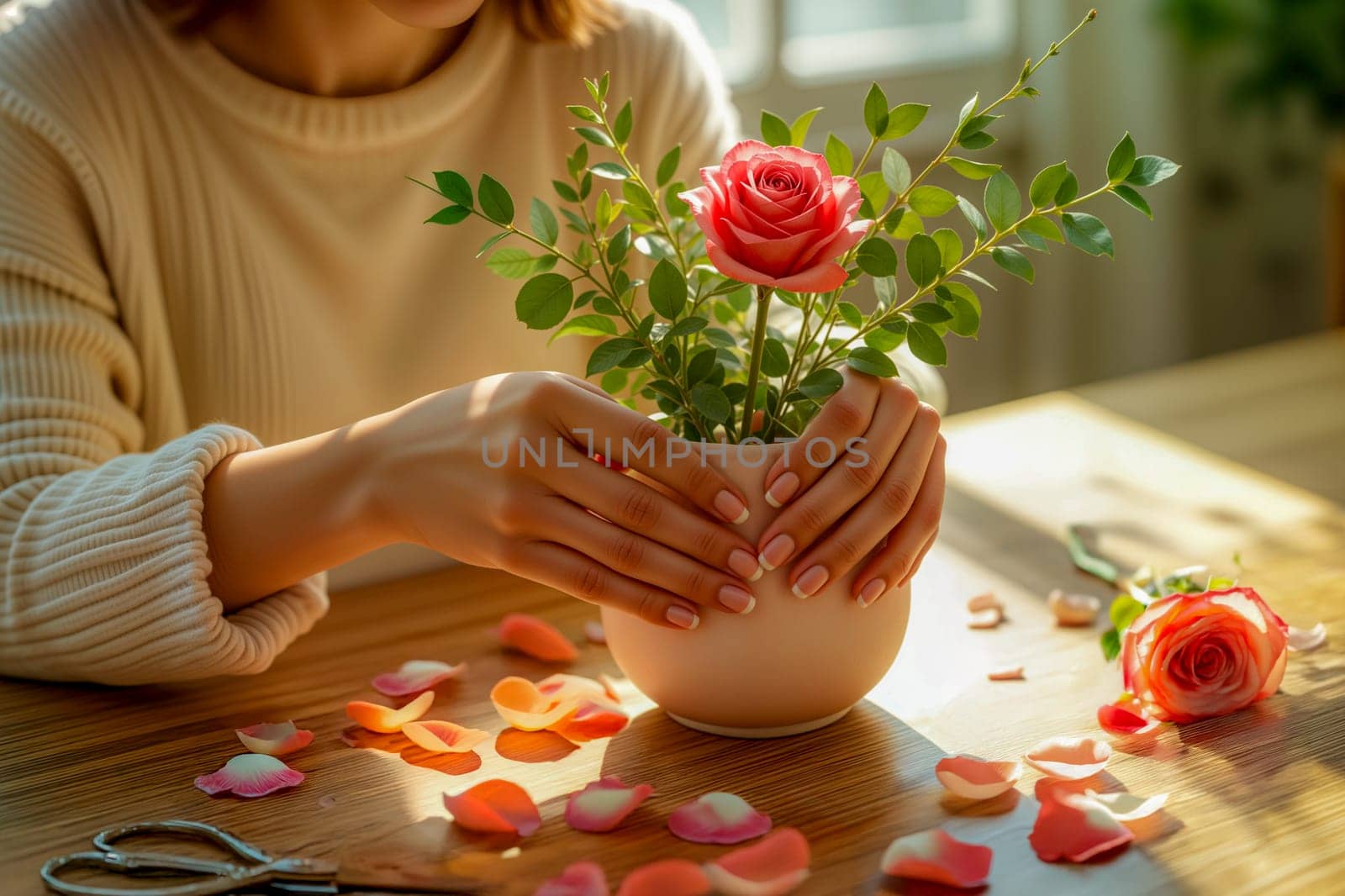 A close-up of delicate hands gently holding a blooming red rose in a white vase, surrounded by green leaves and scattered rose petals on a wooden table.