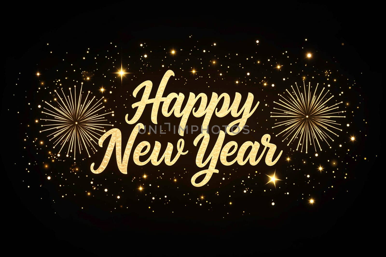 Golden Happy New Year text with bright fireworks, glittering stars, and festive sparkles on a black background. Perfect for holiday celebrations, greeting cards, and New Year Eve designs