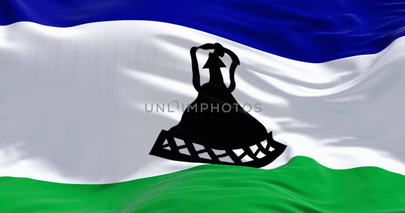 Close-up of national flag of Lesotho waving. Three horizontal bands of blue, white, and green with a black Basotho cap in the middle. 3d illustration render. Fluttering fabric. Textile background