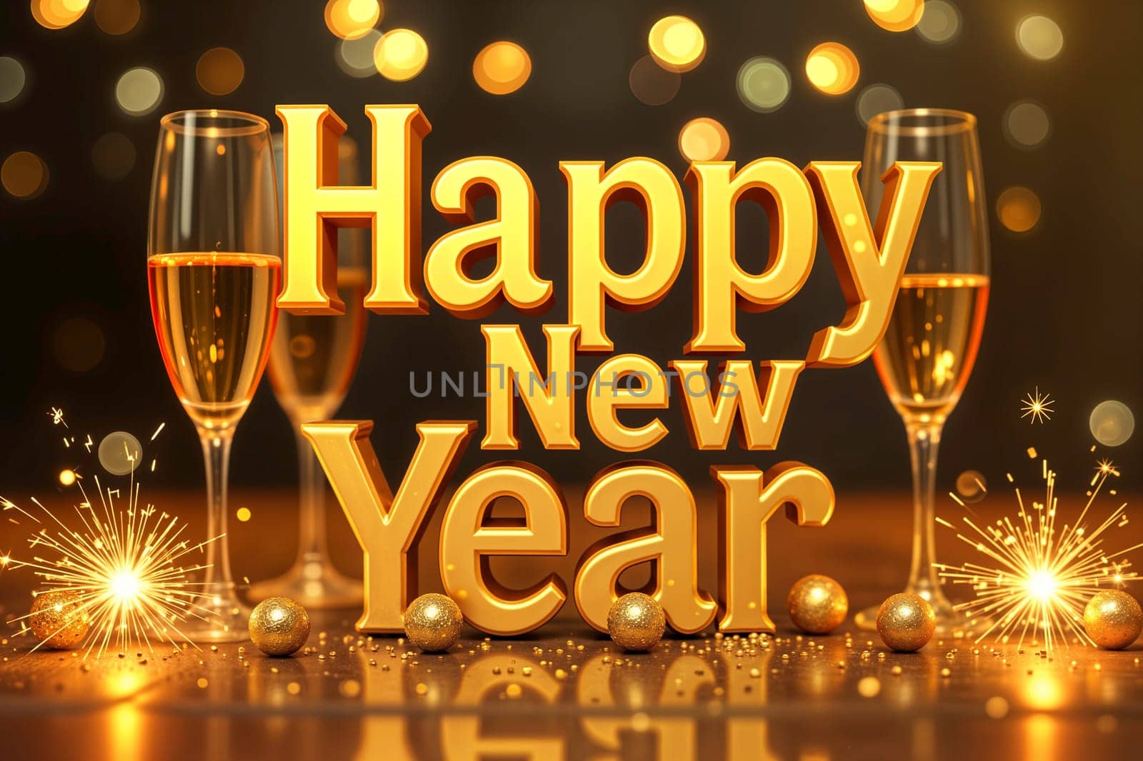 Golden Happy New Year text surrounded by champagne glasses, golden decorations, and festive sparkles. A luxurious and celebratory concept for New Year Eve celebrations and greetings