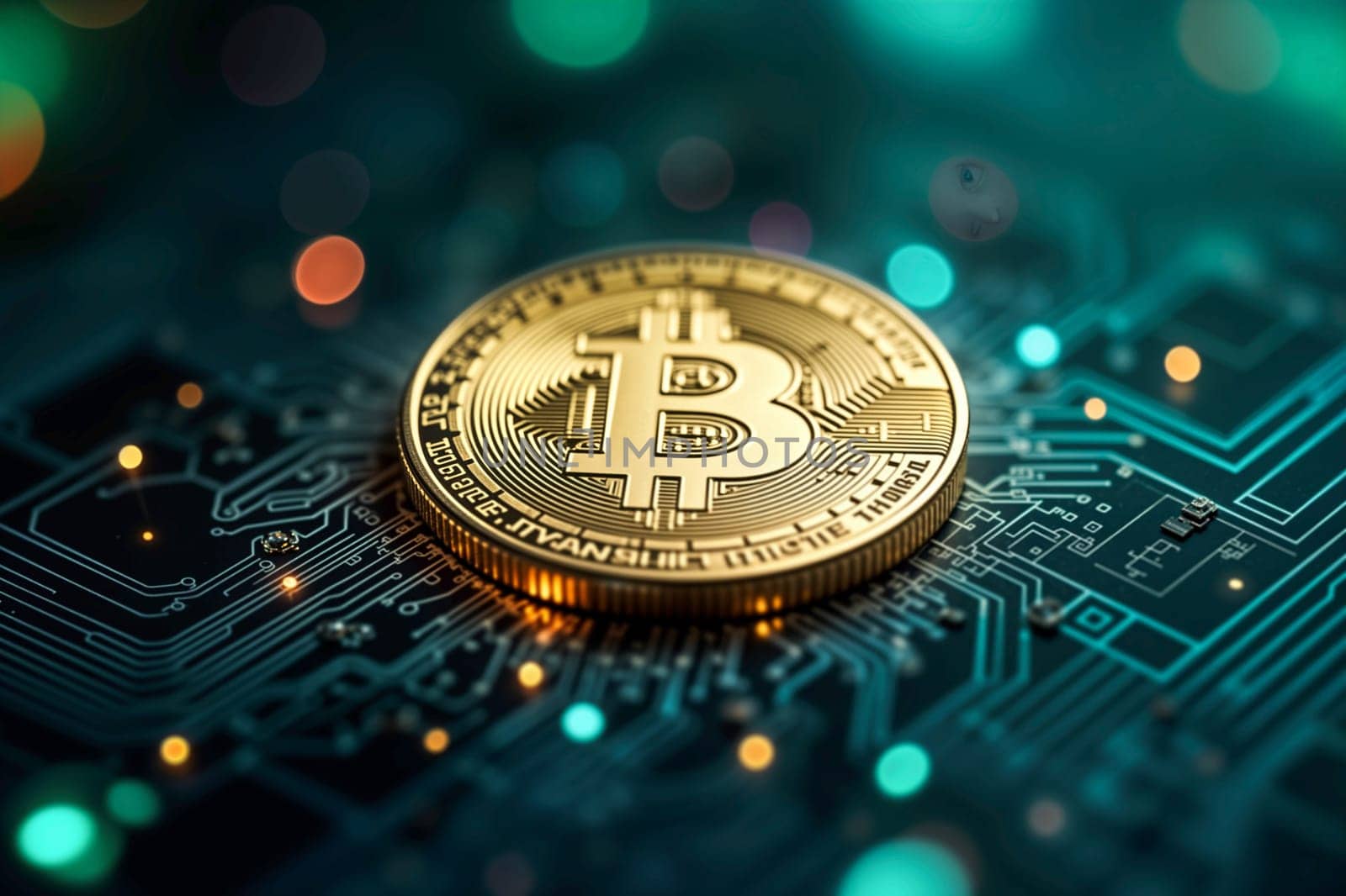 Close-up of a golden Bitcoin coin resting on a glowing digital blockchain circuit board. Cryptocurrency, technology, finance, and virtual money in a futuristic and secure digital environment