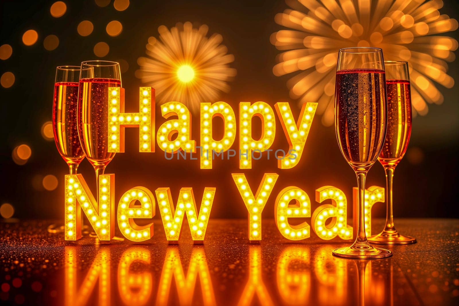 Golden glowing Happy New Year text with champagne glasses, sparkling fireworks, reflections, and decorative sparkles on a black background. Festive celebrations, parties, and holiday greetings.