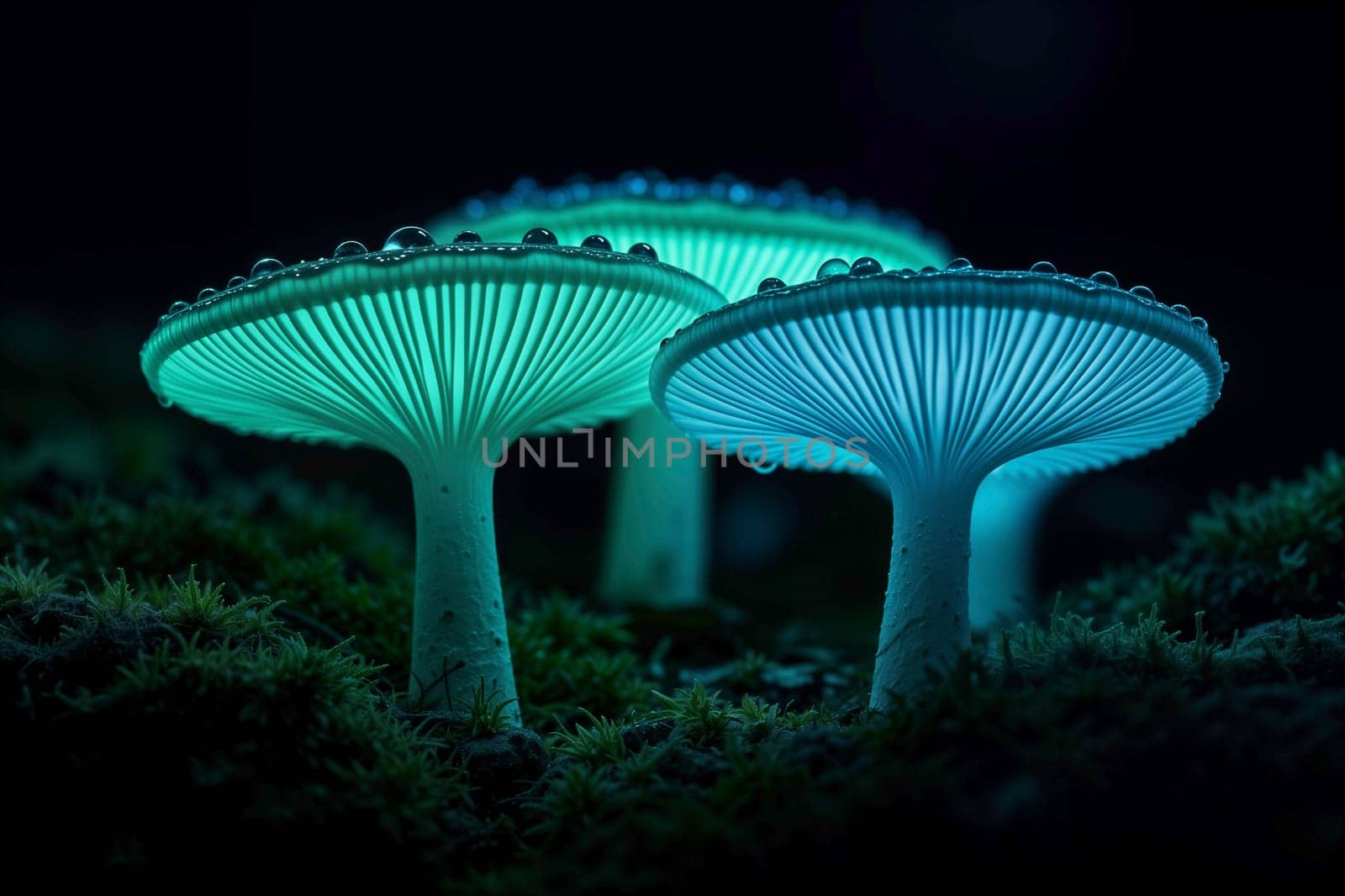 Magical glowing mushrooms emitting a soft blue and green light, covered with water droplets in a dark forest environment. A surreal and bioluminescent nature scene