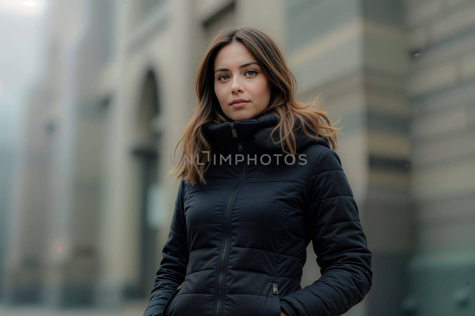 A portrait of a young woman with soft brown hair wearing a black winter jacket. She stands outdoors in a modern urban environment with a blurred cityscape background, exuding a casual and stylish look