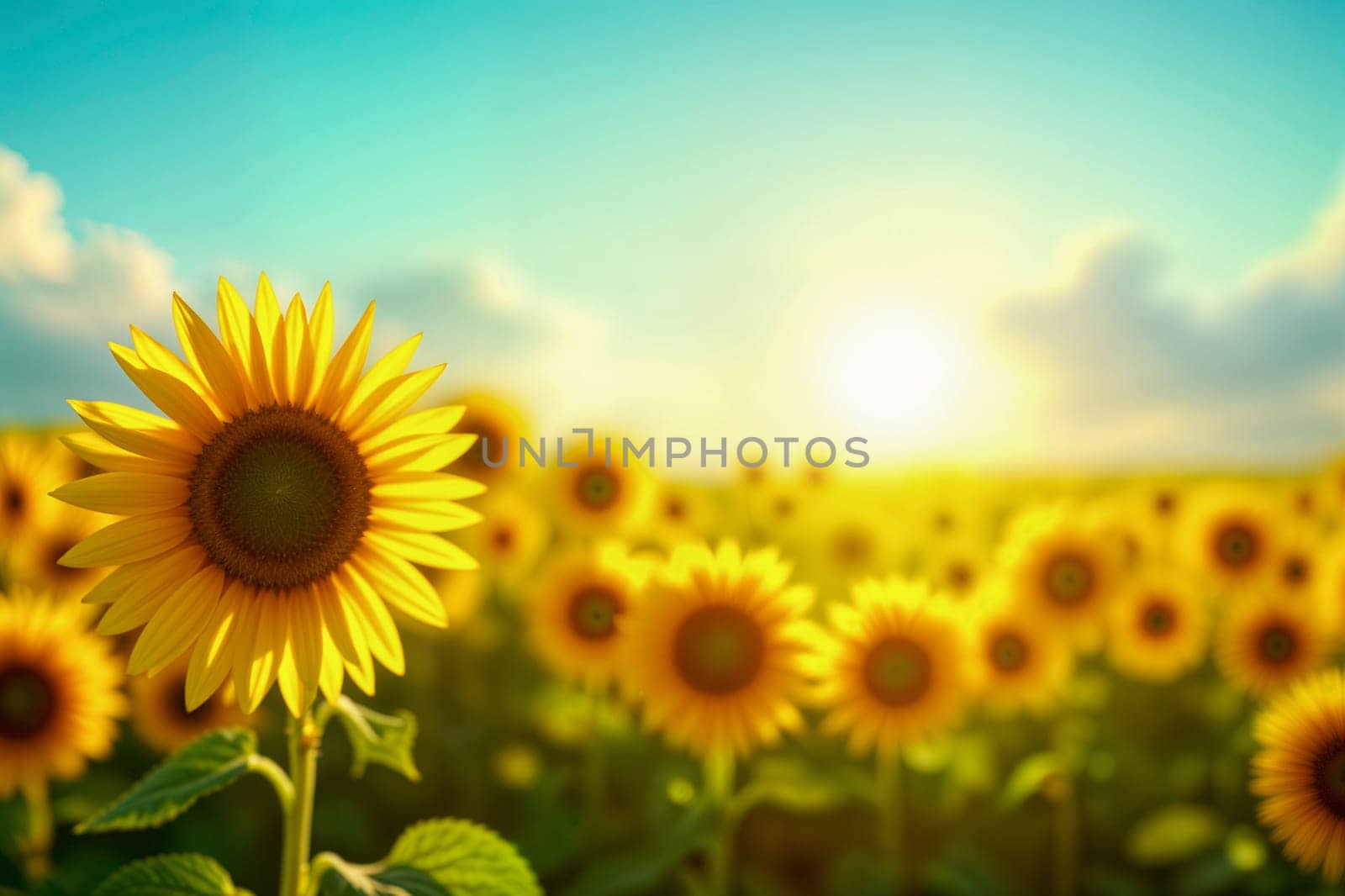 Close-up of a bright yellow sunflower in a vibrant field at sunrise, with green leaves, soft clouds, and warm sunlight. A serene and beautiful rural landscape evoking nature beauty.
