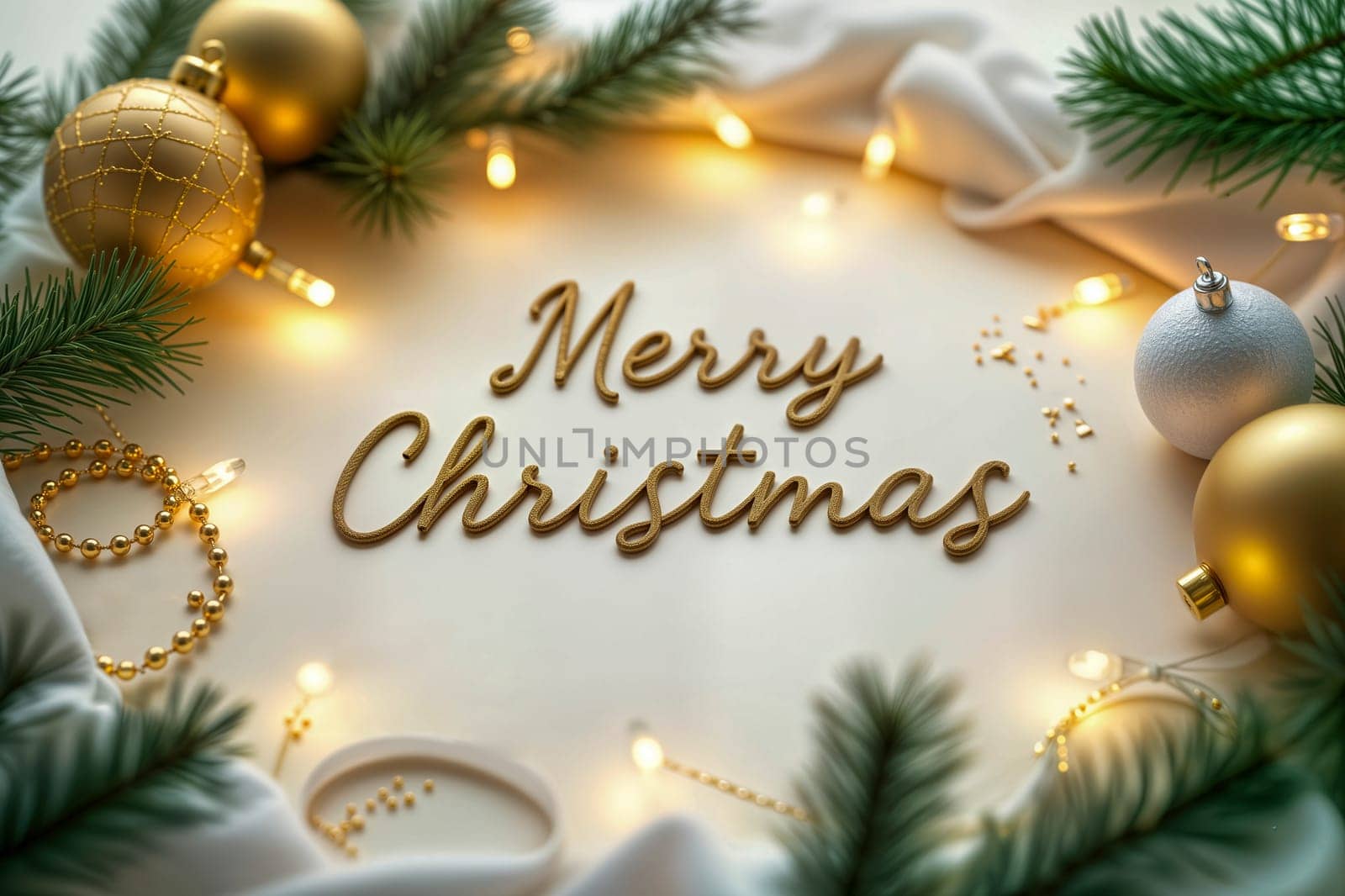 Golden Merry Christmas text surrounded by elegant festive decorations, pine branches, baubles, and fairy lights on a white background. Perfect for holiday cards, banners, and seasonal celebrations.