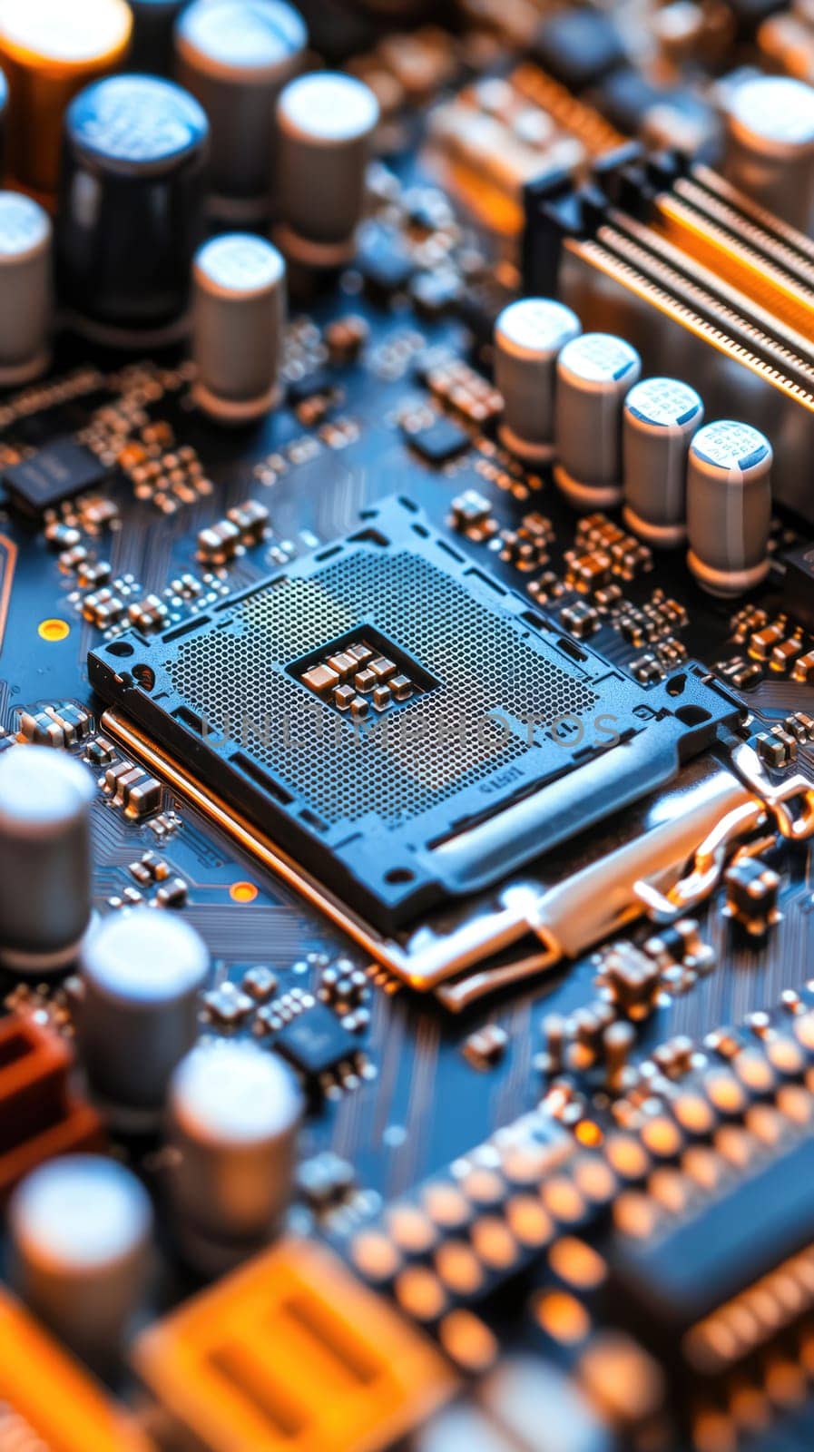 Microchip on motherboard. Electronic circuit board close-up. Advanced technology CPU processor for modern computers.