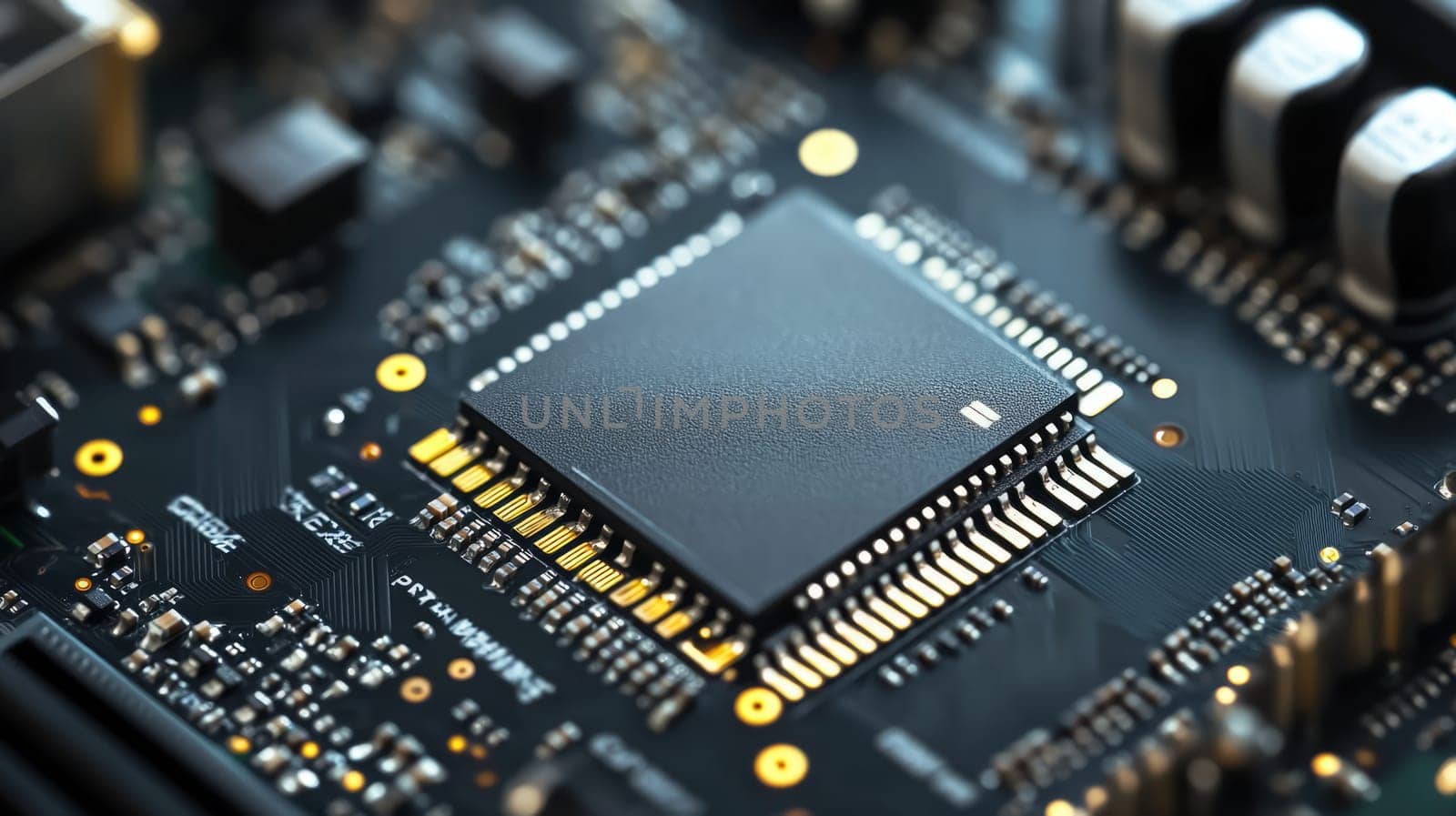 Microchip on motherboard. Electronic circuit board close-up. Advanced technology CPU processor for modern computers.