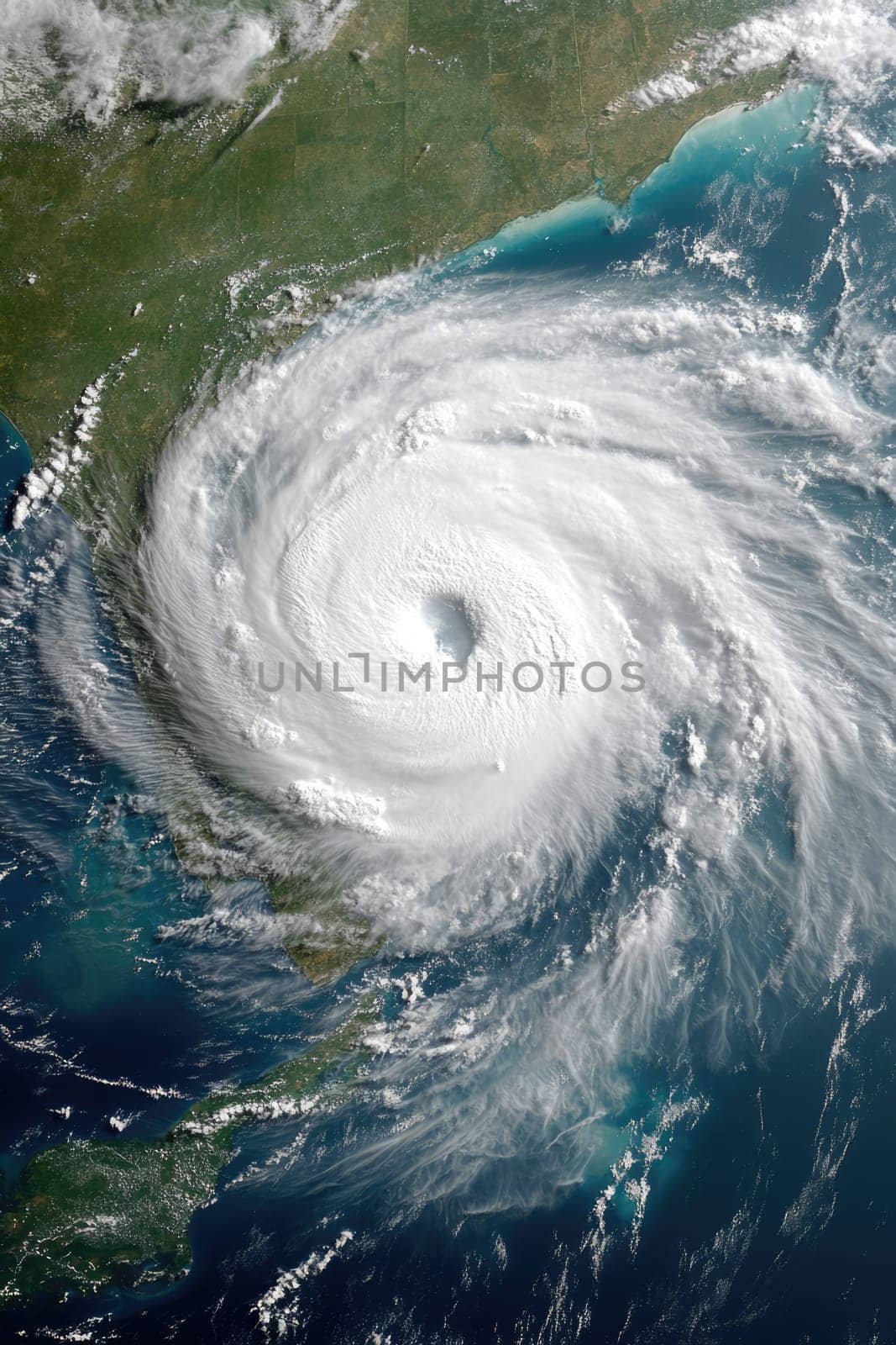 Typhoon or cyclone over the ocean near Florida. Tropical storm or tornado by the coast, view from space. The eye of hurricane. Weather background.