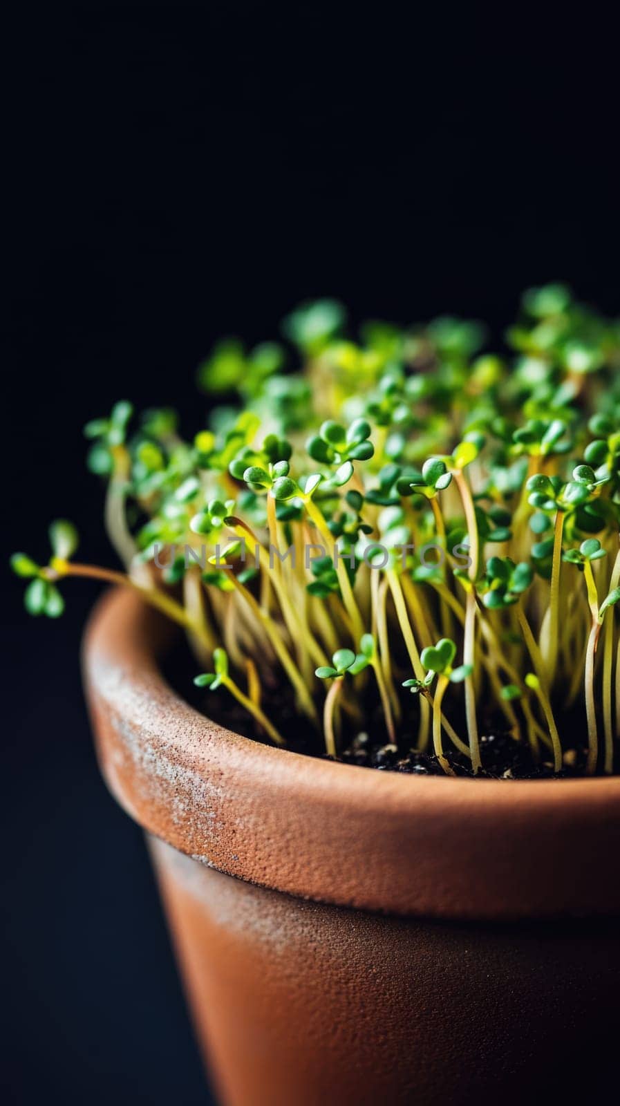 Green sprouts of indoor plant in brown ceramic pot. Decorative houseplant isolated on black background with copy space.